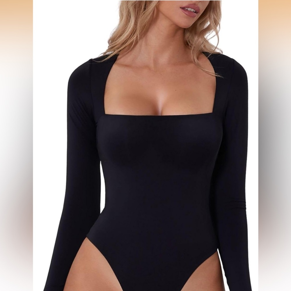 Black lined long sleeve square neck bodysuit